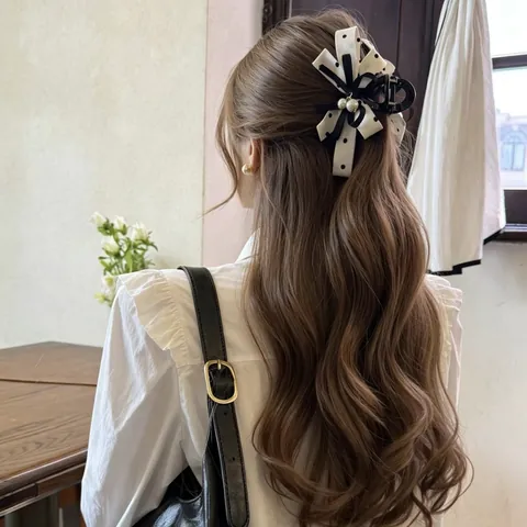 Molletta a Granchio con Fiocco in Stile Coreano in Tessuto a Pois e Perla Artificiale Fermaglio Retrò per Capelli Donna