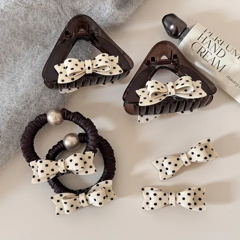 Korean Style Polka Dot Bow Hair Accessories For Women Acrylic Hair Claw Clip Duckbill Clip Artificial Pearl Elastic Hair Tie Headwear Gift