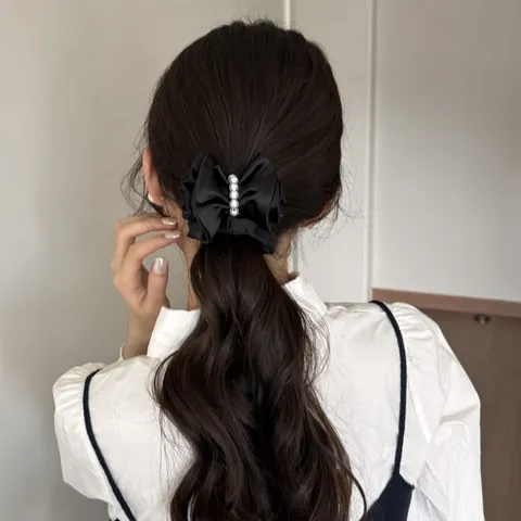 Vintage Elegant Black Satin Bow Hair Clip With Artificial Pearl For Women Korean Style Hairpin Ponytail Clip Accessory