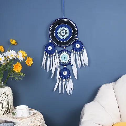 Handgefertigter Böser Blick Traumfänger Wandbehang Deko Boho Gewebtes Ornament Mit Weißen Federn Holzperlen Für Zuhause Schlafzimmer