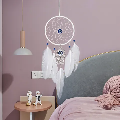 Handgefertigter Böser Blick Hand der Fatima Traumfänger Wandbehang Deko Gewebtes Feder Ornament Für Schlafzimmer Wohnzimmer Geschenk