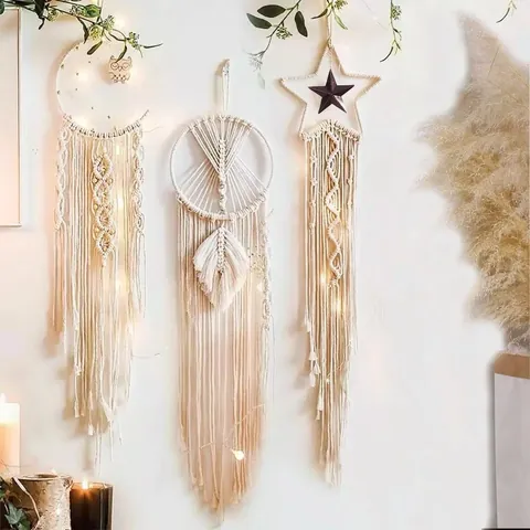 Atrapasueños de Macramé Hecho a Mano Bohemio Luna Estrella Decoración de Pared con Borla Para Dormitorio Sala de Estar Decoración Hogar Boho