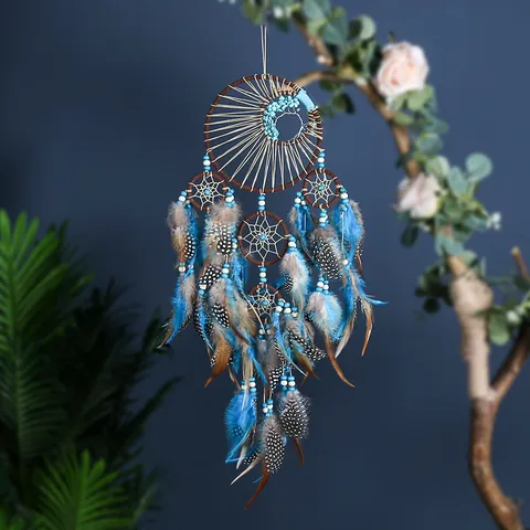 Attrape-Rêve Bohème Turquoise à Cinq Anneaux Fait à la Main Rétro Plume Décoration Murale Carillon pour Maison Chambre Salon Ornement