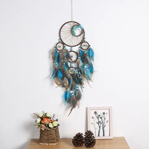 Attrape-Rêve Bohème Turquoise à Cinq Anneaux Fait à la Main Rétro Plume Décoration Murale Carillon pour Maison Chambre Salon Ornement