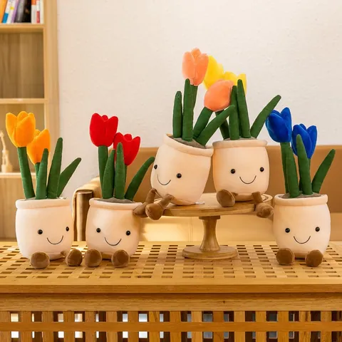 Simulazione Tulipano Pianta in Vaso Giocattolo di Peluche Viso Sorridente Bambola di Pezza Creativo Fiore Decorazione Casa per Donna Bambini Regalo