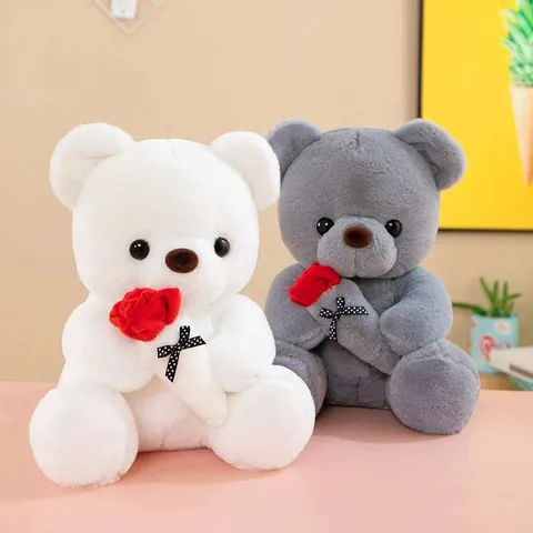Cute Teddy Bear Plush Toy Holding Rose Heart Soft Stuffed Animal Romantic Valentine Day Gift For Women Kids Birthday Present Polyester Doll