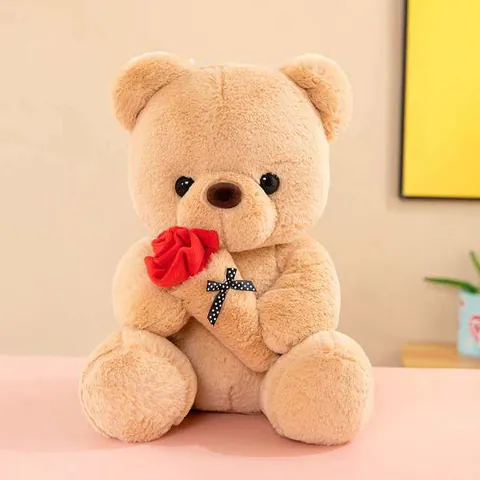 Cute Teddy Bear Plush Toy Holding Rose Heart Soft Stuffed Animal Romantic Valentine Day Gift For Women Kids Birthday Present Polyester Doll
