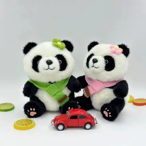 Cute Panda Plush Toy Soft Stuffed Animal With Knitted Scarf And Flower Decoration Kawaii Panda Doll For Kids Birthday Gift