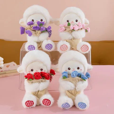 Magnetic Rose Sheep Plush Toy Soft Stuffed Animal Lamb Doll With Removable Bouquet For Valentine Day Birthday Gift For Women Girl