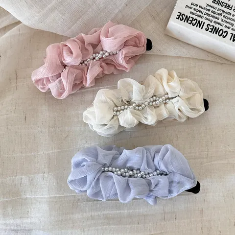 Korean Style Pleated Artificial Pearl Banana Clip Vertical Hair Clip For Women Ponytail Holder Elegant Ruffled Hair Accessory