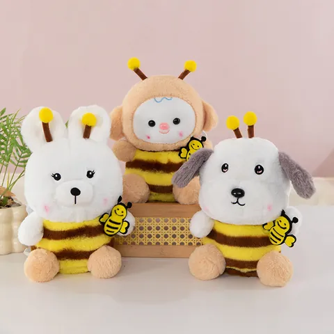 Cute Cartoon Animal Bee Plush Toy Soft Short Plush Stuffed Rabbit Dog Monkey Honey Bee Stripe Doll Birthday Gift For Kids Boys Girls