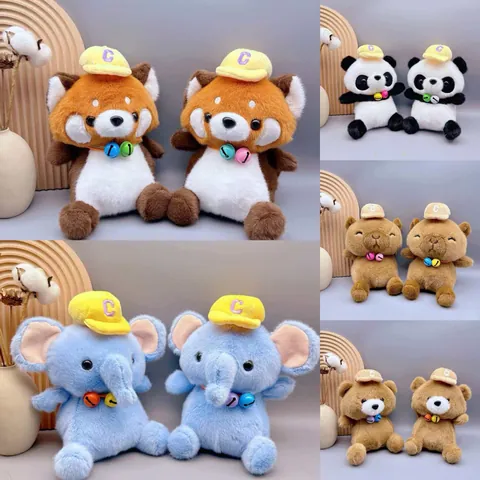 Cute Animal Plush Toy Panda Capybara Elephant Raccoon Bear Stuffed Animal Soft Doll With Bell Hat Desktop Ornament Kids Gift