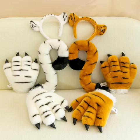 Tiger Plush Costume Set Animal Ears Headband Long Tail Paw Gloves Wristband Performance Props For Kids Role Play Party