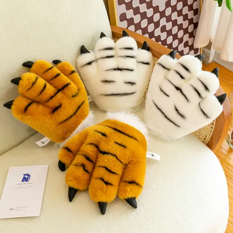 Tiger Plush Costume Set Animal Ears Headband Long Tail Paw Gloves Wristband Performance Props For Kids Role Play Party