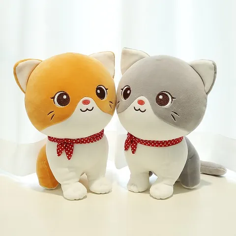 Cute Cat Plush Toy Stuffed Animal Soft Kitten Doll With Red Polka Dot Scarf Decorative Throw Pillow For Kids Birthday Gift