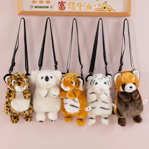 Cute Cartoon Animal Plush Crossbody Bag Realistic Tiger Leopard Koala Shape Phone Pouch Soft Stuffed Toy Bag For Women Kids