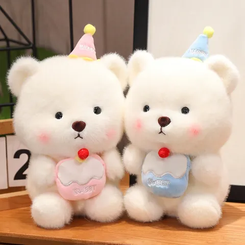 Cute Birthday Capybara White Bear Plush Toy Soft Stuffed Animal Doll With Party Hat Cupcake For Kids Girls Birthday Gift
