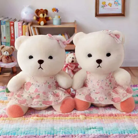 Heilender Weißer Teddybär Plüschtier Mit Rosa Blumenkleid Und Schleife Weiche Ausgestopfte Tierpuppe Für Kinder Komfort Geschenk