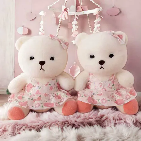 Heilender Weißer Teddybär Plüschtier Mit Rosa Blumenkleid Und Schleife Weiche Ausgestopfte Tierpuppe Für Kinder Komfort Geschenk