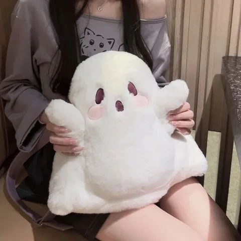 Japanese Cute White Ghost Plush Backpack For Women Girls Personalized Cartoon Little Devil Embroidered Doll Toy Bag