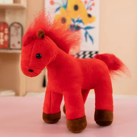 Realistic Red Horse Plush Toy Simulation Stuffed Animal With Fu Blessing Saddle Soft Mane Long Tail Gift For Kids Home Decor