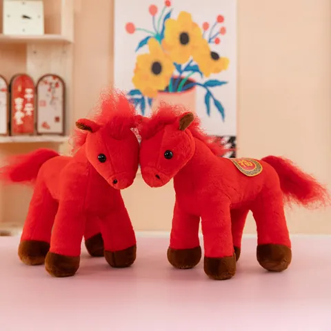 Realistic Red Horse Plush Toy Simulation Stuffed Animal With Fu Blessing Saddle Soft Mane Long Tail Gift For Kids Home Decor