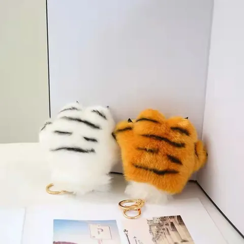 Cute Tiger Paw Plush Keychain Faux Fur Animal Claw Bag Pendant Mini Soft Stuffed Doll Keyring For Women Girls Gift White Yellow