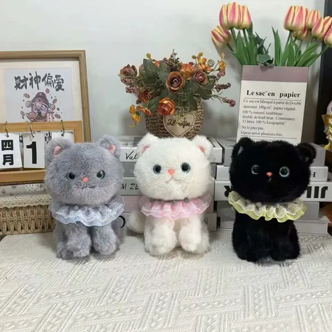 Cute Cat Plush Toy Soft Stuffed Animal Doll With Lace Bib Super Soft Short Plush Cat Pillow For Girls Birthday Gift