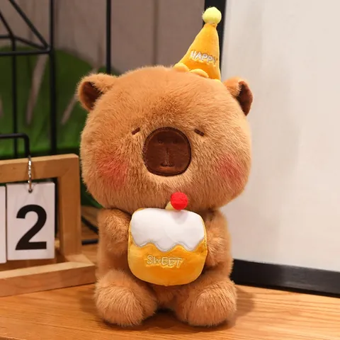Cute Birthday Capybara Plush Toy Stuffed Animal Wearing Party Hat Holding Cake Soft Stuffed Doll Birthday Gift For Kids