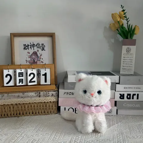 Cute Cat Plush Toy Soft Stuffed Animal Doll With Lace Bib Super Soft Short Plush Cat Pillow For Girls Birthday Gift