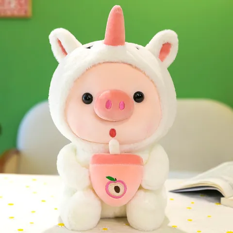 Cute Pig Plush Toy Wearing Animal Costume Holding Milk Bottle Stuffed Animal For Kids Girls Gift Soft Piglet Doll Plushie