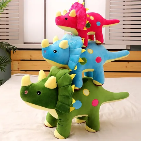 Triceratops Juguete de Peluche Suave Dinosaurio Animal de Peluche Muñeca Lunares de Colores Patrón Almohada Regalo de Cumpleaños para Niños Niños Niñas