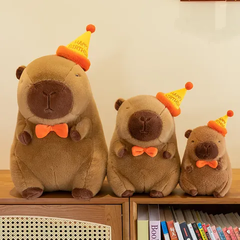 Cute Capybara Plush Toy With Happy Birthday Party Hat And Bow Soft Stuffed Animal Doll Birthday Gift For Girls Kids Room Decor