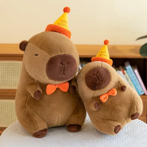 Cute Capybara Plush Toy With Happy Birthday Party Hat And Bow Soft Stuffed Animal Doll Birthday Gift For Girls Kids Room Decor