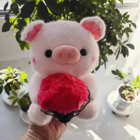 Cute Pink Pig Plush Toy Holding Red Flower Bouquet With Black Lace Valentine Day Gift Soft Stuffed Animal Doll For Girls
