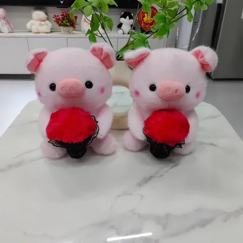 Cute Pink Pig Plush Toy Holding Red Flower Bouquet With Black Lace Valentine Day Gift Soft Stuffed Animal Doll For Girls