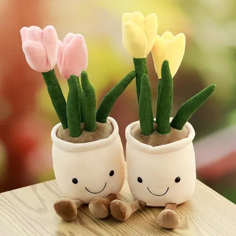 Creative Cartoon Smile Face Tulip Plush Toy Potted Plant Decor Stuffed Soft Flower Ornament For Home Office Desktop Gift