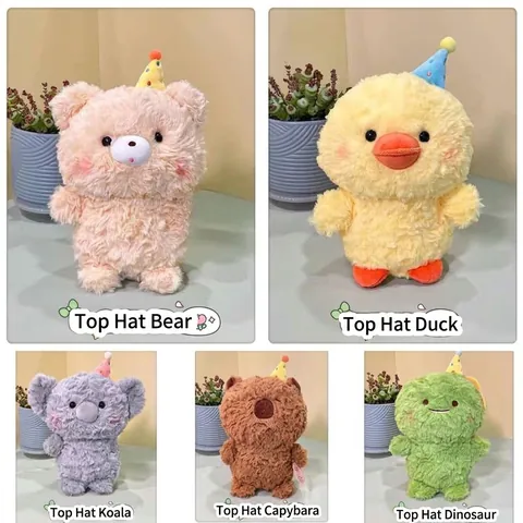 Cute Animal Plush Toy With Polka Dot Top Hat Cartoon Stuffed Doll Bear Duck Capybara Koala Dinosaur Kids Birthday Wedding Gift