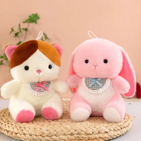8 Inch Sherly Series Cute Animal Plush Toy Doll With Bib Lace Bow Decoration Soft Cat Bunny Stuffed Doll Gift For Kids