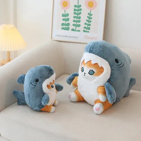 Cute Cartoon Shark Cat Plush Toy Animal Transformation Doll Soft Stuffed Cat Shark Costume Pillow Home Decor Gift For Children