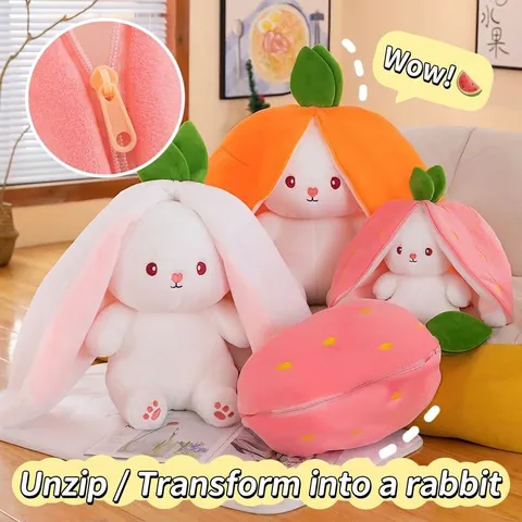 Transforming Strawberry Carrot Rabbit Plush Toy Reversible Bunny Doll Soft Stuffed Animal Pillow For Kids Girls Gift
