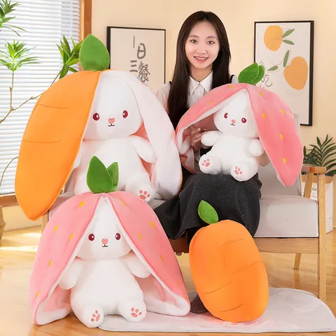 Transforming Strawberry Carrot Rabbit Plush Toy Reversible Bunny Doll Soft Stuffed Animal Pillow For Kids Girls Gift