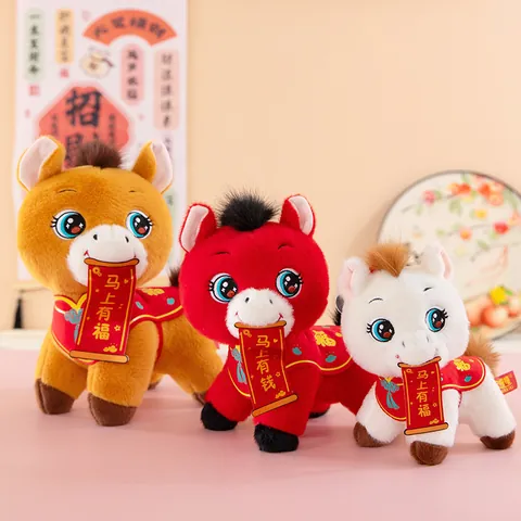 2026 Zodiac Year Of The Horse Plush Toy Mascot Stuffed Horse Doll With Red Cloak And Scroll Festive Decoration New Year Gift