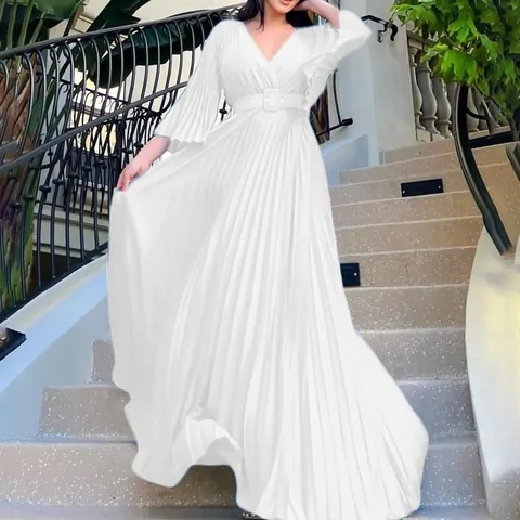 Vrouwen Elegant V-Hals Geplooid Maxi Jurk Lange Mouw Volle Swing Avondfeest Jurk Met Riem Elegant Effen Kleur Jurk