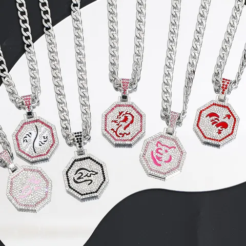 Hip Hop Tierkreis Anhänger Halskette Titanstahl Legierung Strass Eingelegt Zwölf Sternzeichen Halskette Für Herren Damen Street Style Schmuck