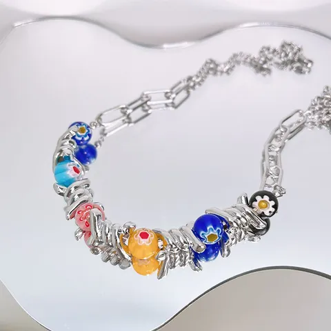 Hip Hop Barbed Wire Necklace With Colorful Millefiori Glass Beads Titanium Steel Y2K Harajuku Style Thorn Chain Jewelry For Men Women