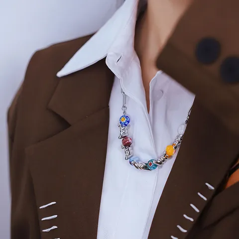 Hip Hop Barbed Wire Necklace With Colorful Millefiori Glass Beads Titanium Steel Y2K Harajuku Style Thorn Chain Jewelry For Men Women