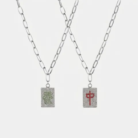 Collana con Ciondolo Quadrato Caratteri Mahjong Acciaio al Titanio Catena Incastonato con Strass Zhong Fa Gioielli Unisex