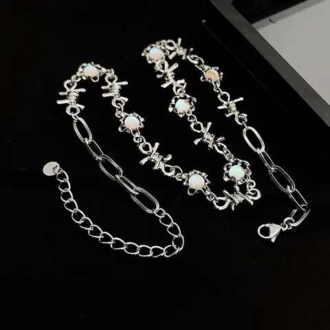 Hip Hop Barbed Wire Necklace For Women Men Y2K Punk Titanium Steel Barbed Wire Bracelet Synthetic Moonstone Choker Jewelry