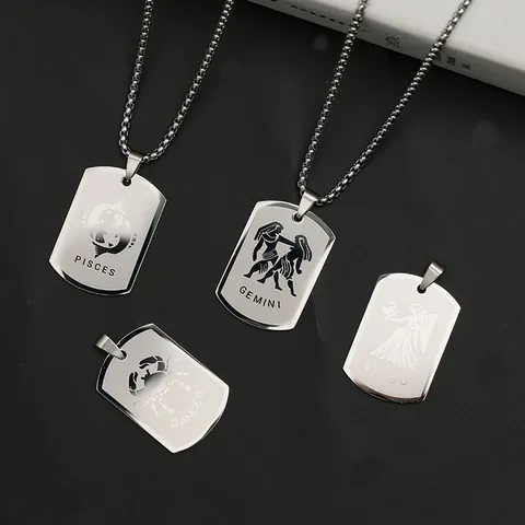Titanstahl 12 Tierkreiszeichen Halskette Rechteckige Hundemarke Anhänger Für Herren Damen Hip Hop Sternbild Box Kette Schmuck